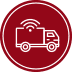 A white line drawing of a truck with radio waves above it, indicating communication or connectivity, resembling an agent on duty, set against a circular red background.