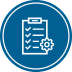An icon depicting a checklist on a clipboard with multiple checkmarks. A gear symbol is positioned to the right of the clipboard, suggesting settings or configuration. The icon, resembling an agent's toolkit, is enclosed within a blue circle.