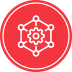 Icon in a red circle showing a cog in the center connected to five smaller circles at its points, representing an agent or interconnected system.
