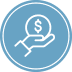Icon of an agent's hand holding a coin with a dollar sign on it. The design is simple, rendered in white against a circular blue background.