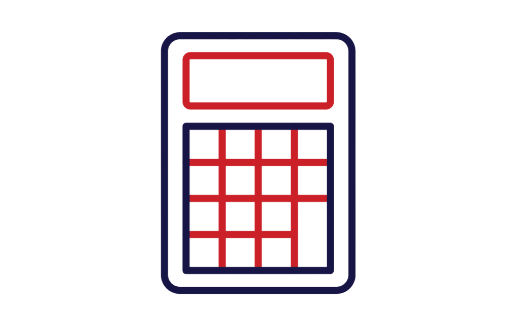 A stylized graphic of a calculator outlined in blue with red buttons and a red display screen—perfect for any home office. The design is simple and minimalistic, with rectangular shapes representing the calculator's features. The grid layout of buttons is symmetrical.